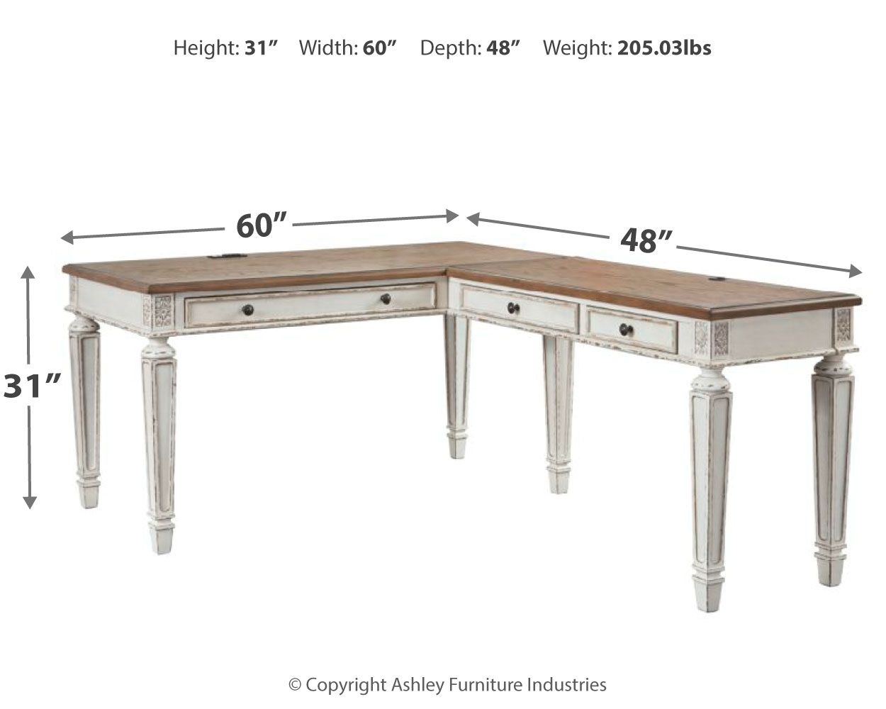 L-shaped home office desk with light wood top and white frame with drawers