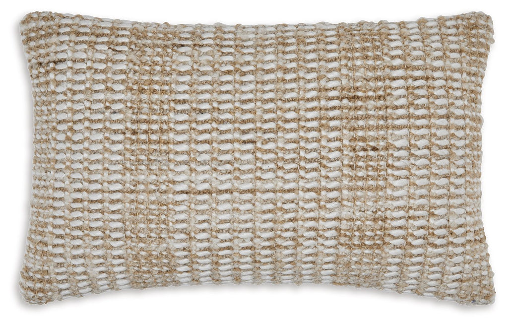 Beige woven decorative pillow with textured grid pattern and short fringe edges