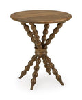 Light brown round accent table with carved turned legs and wooden tabletop