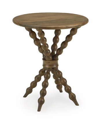 Light brown round accent table with carved turned legs and wooden tabletop