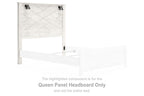 White queen panel headboard with diagonal wood-grain panel and black corner posts