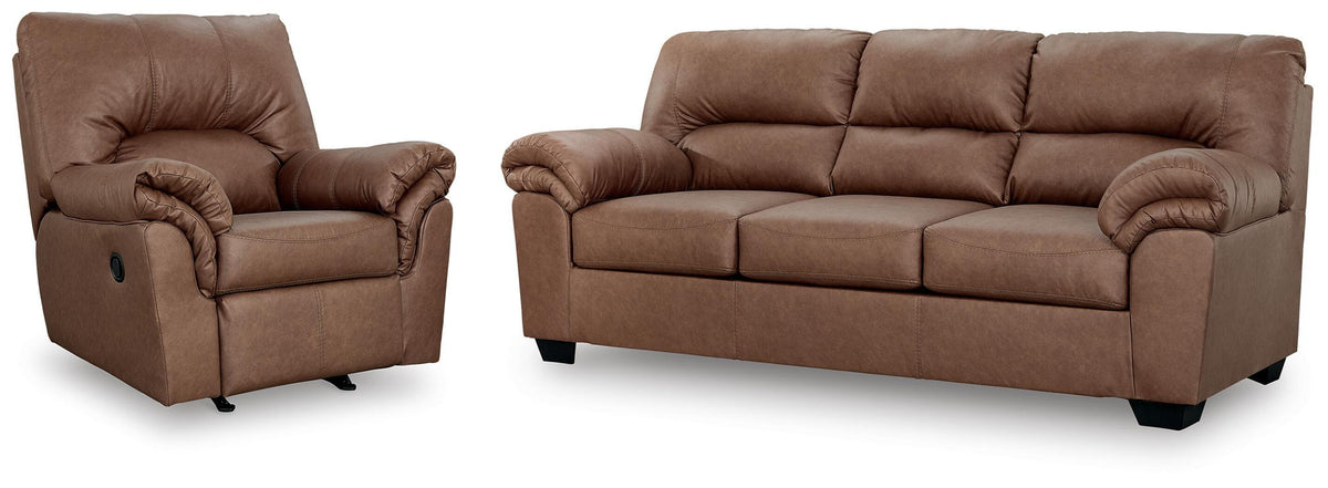 Upholstered living room loveseat and recliner set in light brown with rolled arms.