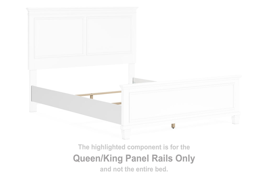 White queen/king panel rails attached to bed frame, headboard section