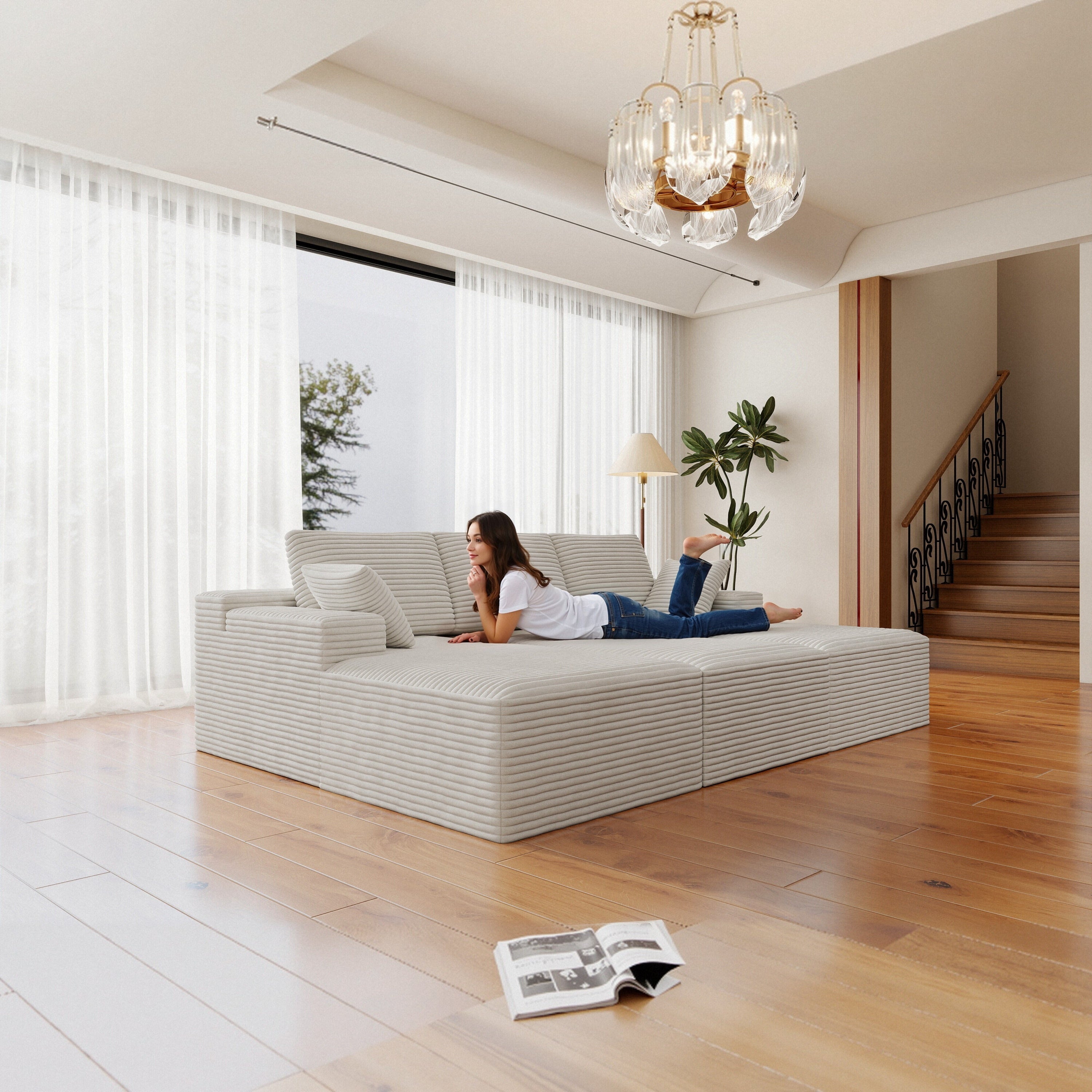 White Modular Sectional Sofa - Upholstered Corduroy Couch