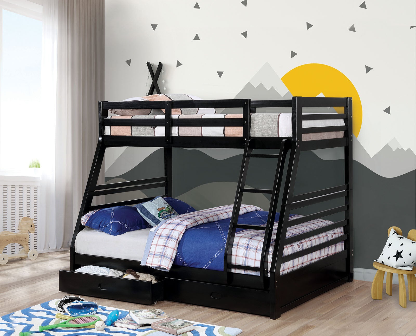 Twin Over Full Bunk Bed with Drawers, Ladder, Solid Wood, Black