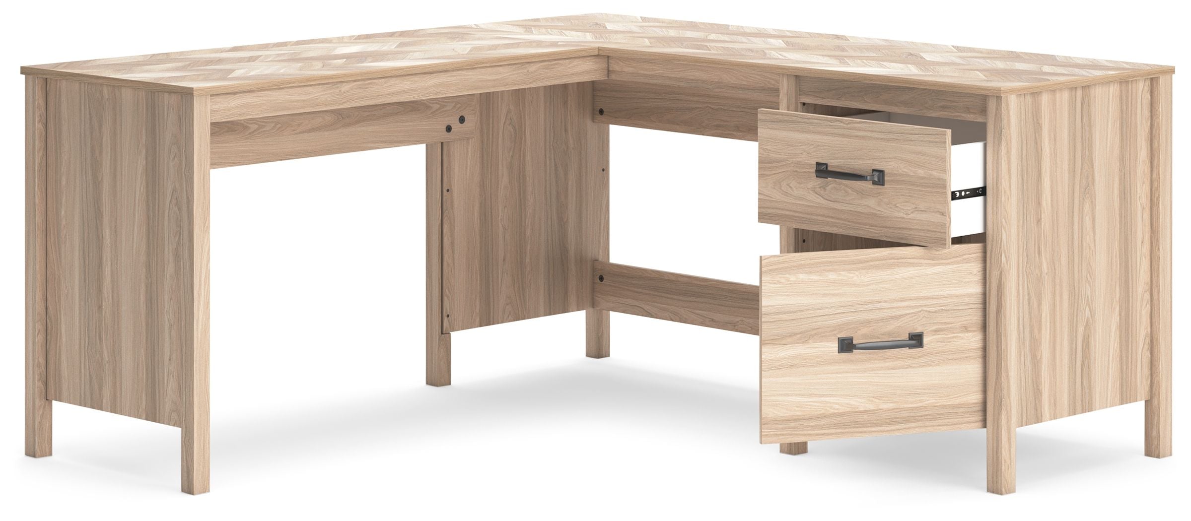 Tan home office desk with return and drawer pedestal, light woodgrain finish