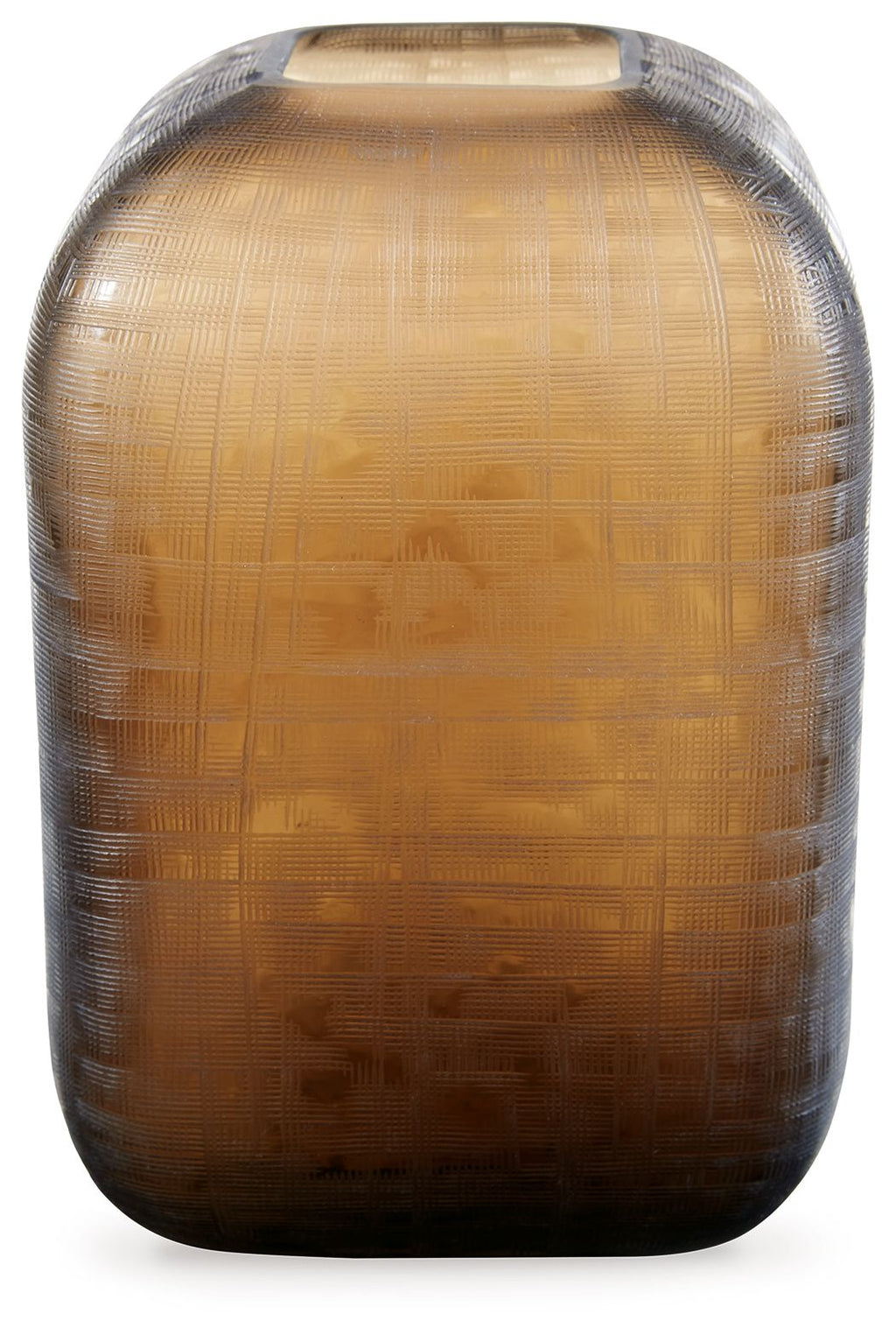 Dark brown vase with open top and textured grid pattern