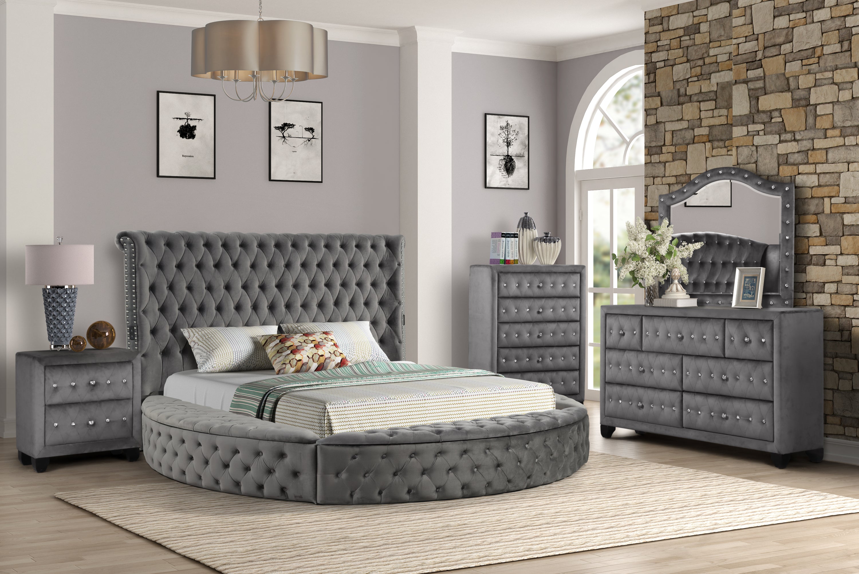 Hazel Queen 5PC Tufted Gray Wood Bedroom Set - CA Inventory