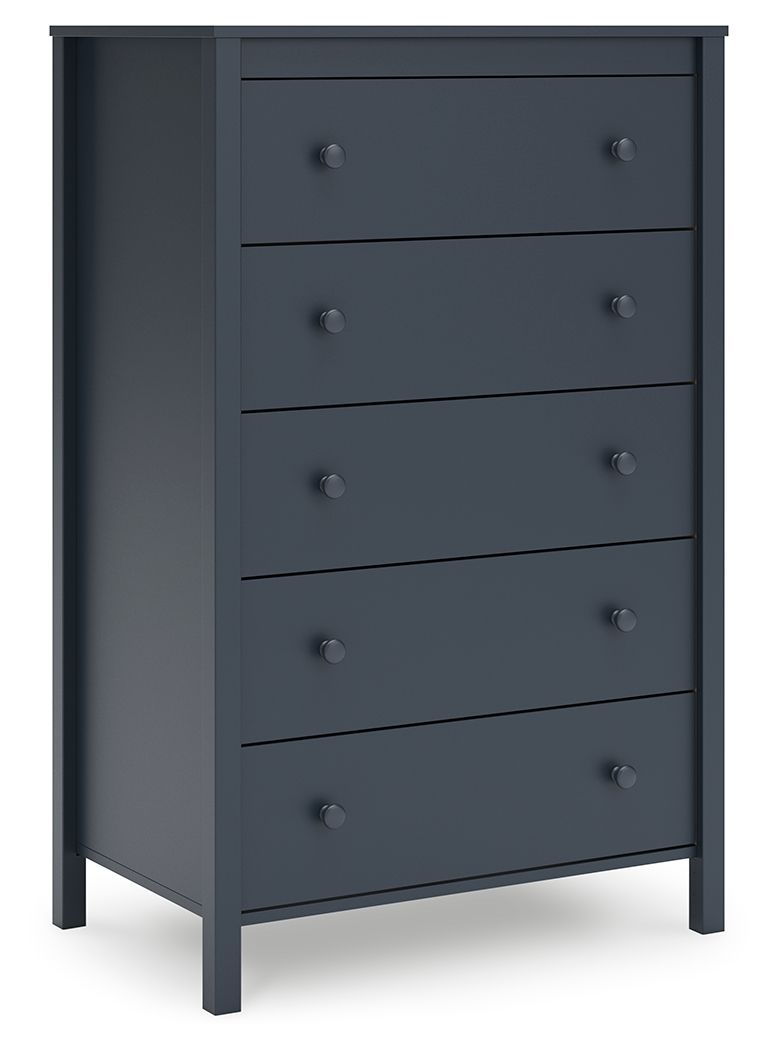 Navy blue five-drawer chest with round drawer knobs