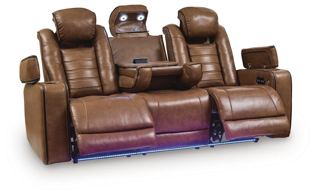 Brown leather reclining sofa with two center seats, cup holder console, and adjustable headrests