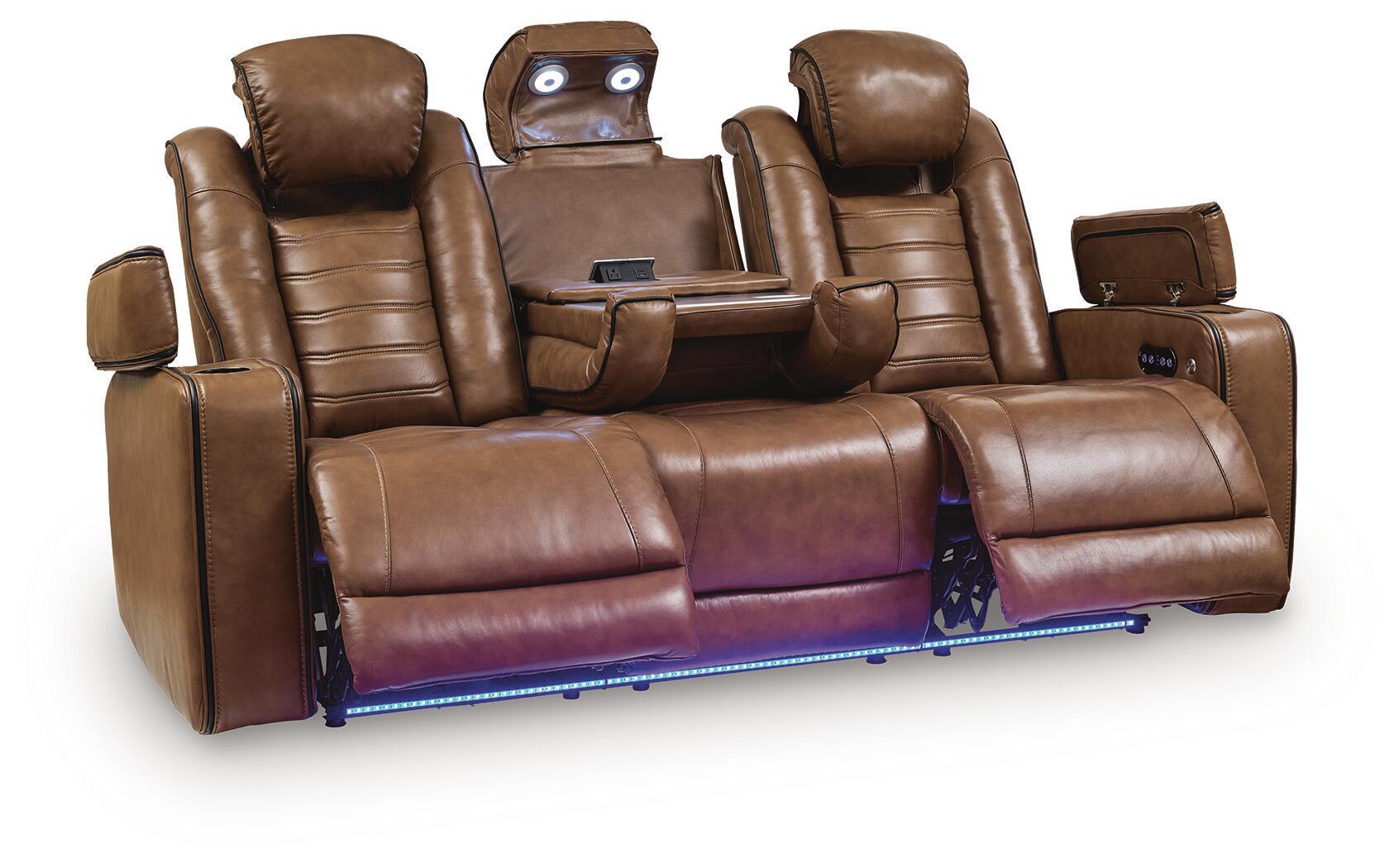 Brown leather reclining sofa with two center seats, cup holder console, and adjustable headrests
