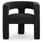 Black upholstered accent chair with thick arm frame and padded seat