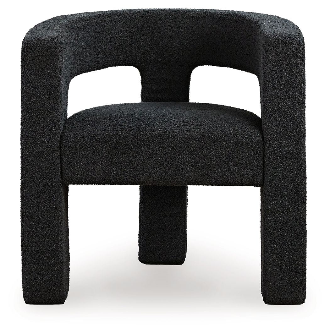 Black upholstered accent chair with thick arm frame and padded seat