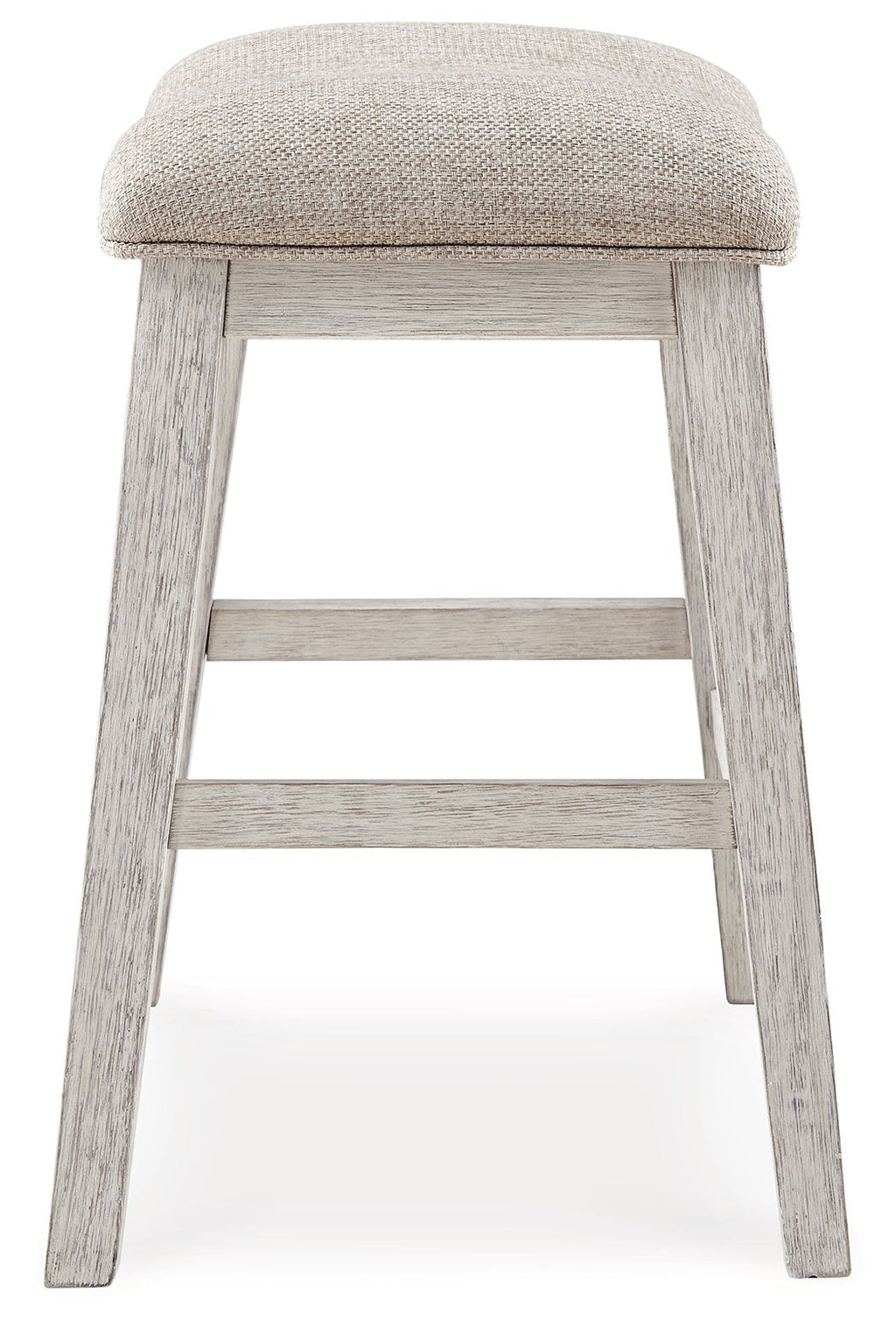 Upholstered vanity stool with rounded beige seat and light wood frame, lower rung