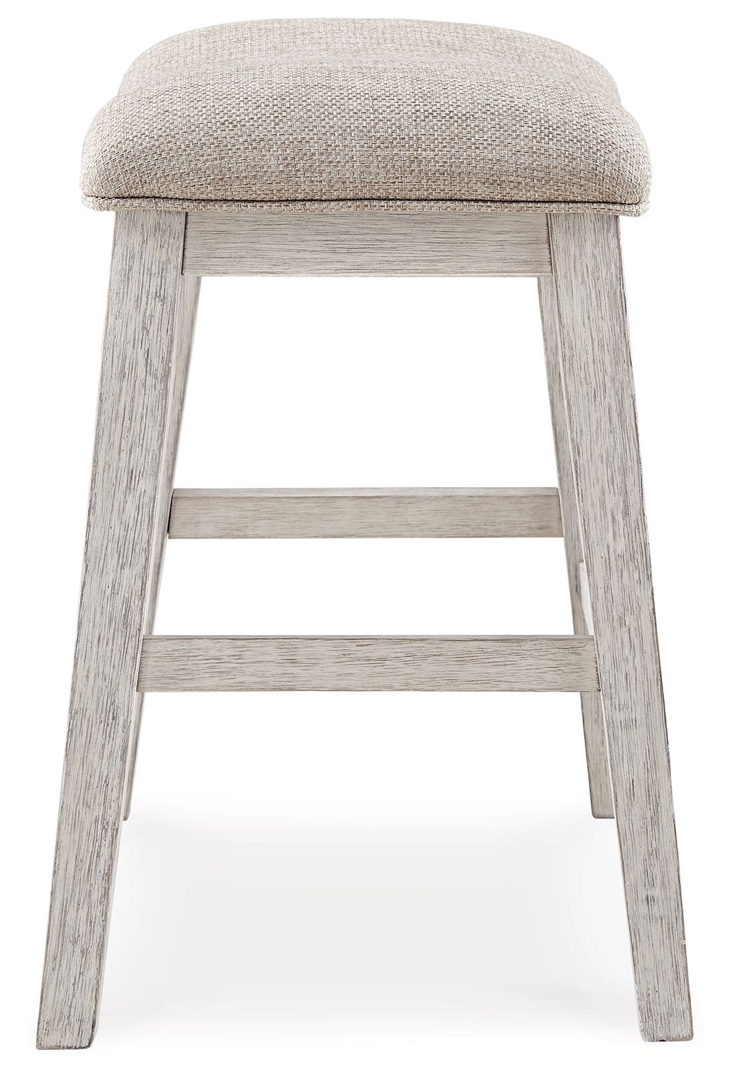 Upholstered vanity stool with rounded beige seat and light wood frame, lower rung