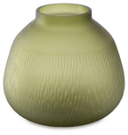 Green glass vase with round bulb base, short neck, and vertical ridged texture.