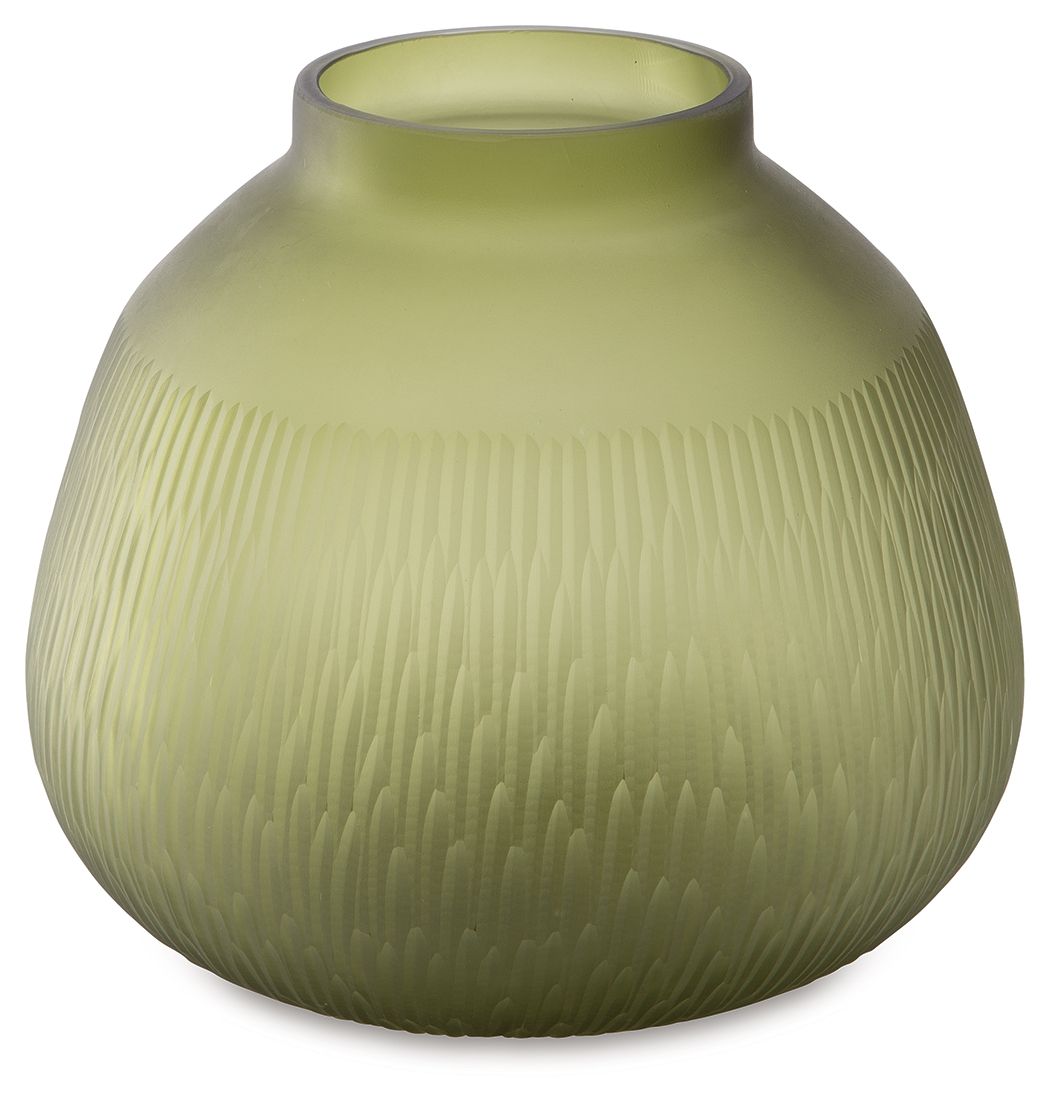 Green glass vase with round bulb base, short neck, and vertical ridged texture.