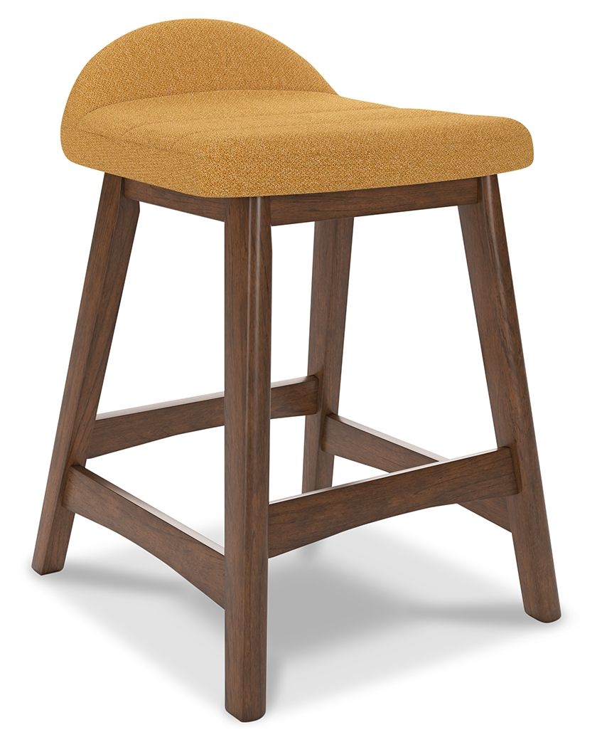 Upholstered barstool with mustard yellow fabric seat and curved back, medium wood legs.