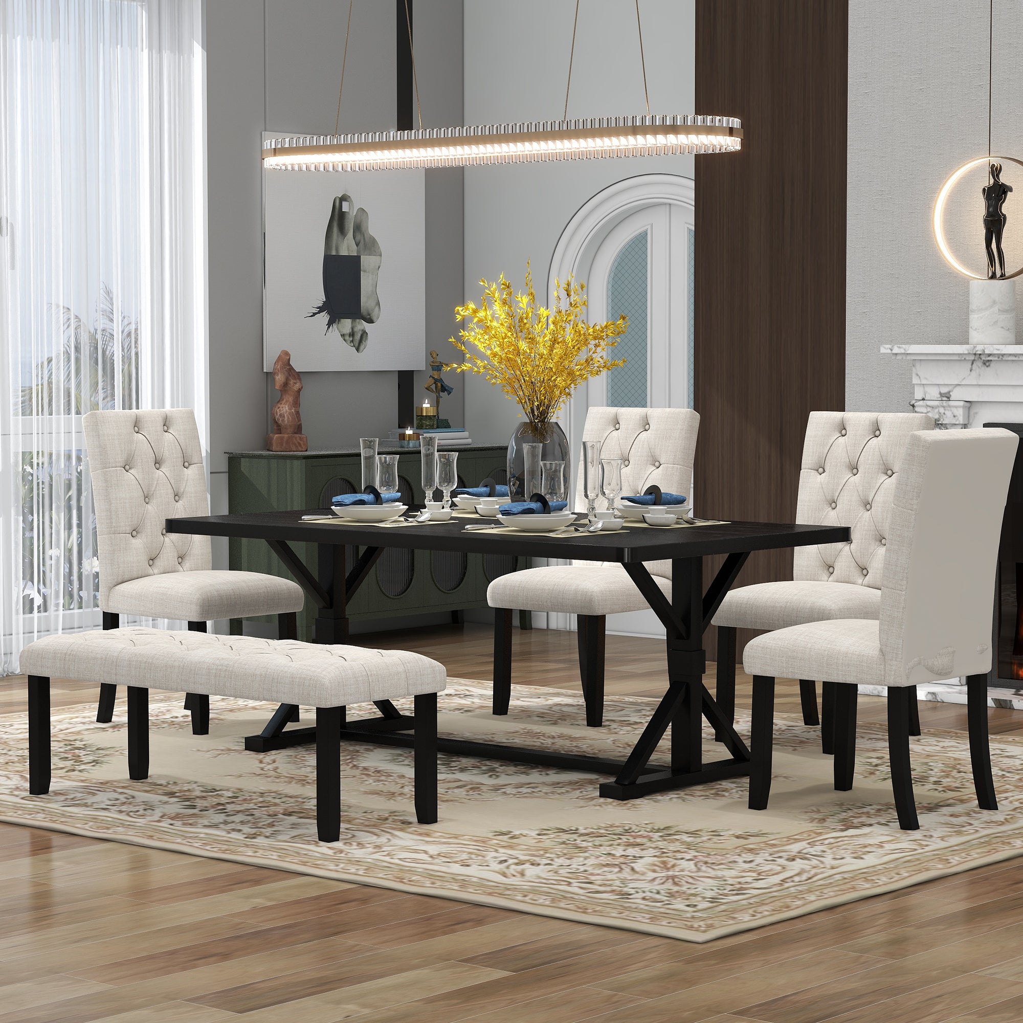 6-Piece Farmhouse Dining Set, 72" Table & Bench