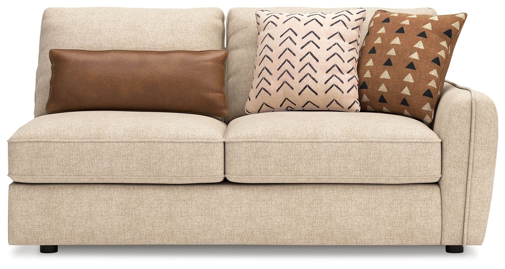 Seyler RAF sand sofa with two seat cushions, thick arms, and three decorative pillows.