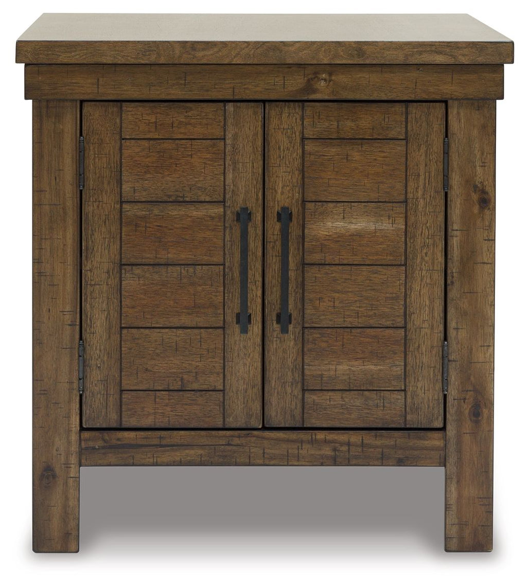 Rectangular end table with grayish-brown double doors and metal pull handles