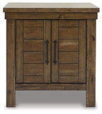 Rectangular end table with grayish-brown double doors and metal pull handles