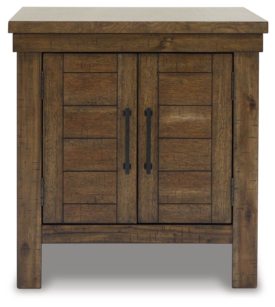 Rectangular end table with grayish-brown double doors and metal pull handles