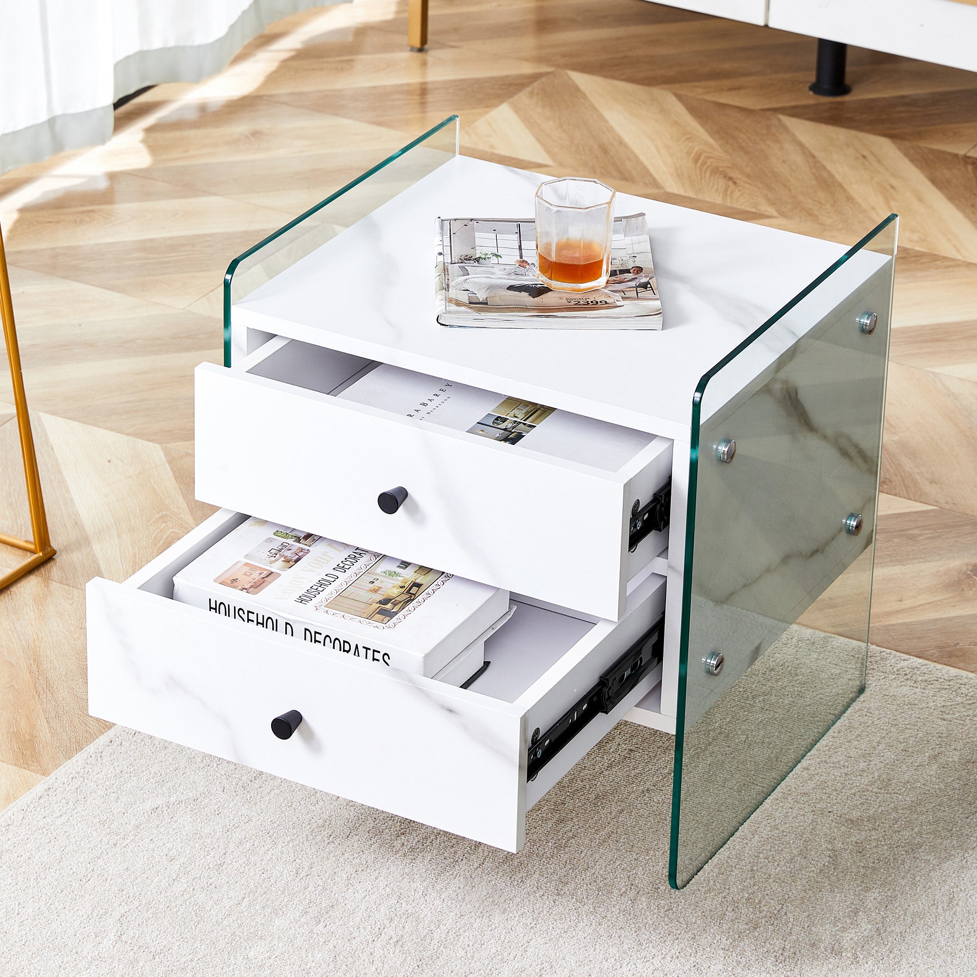 Elegant Double Drawer Bedside Table: MDF & Tempered Glass Storage