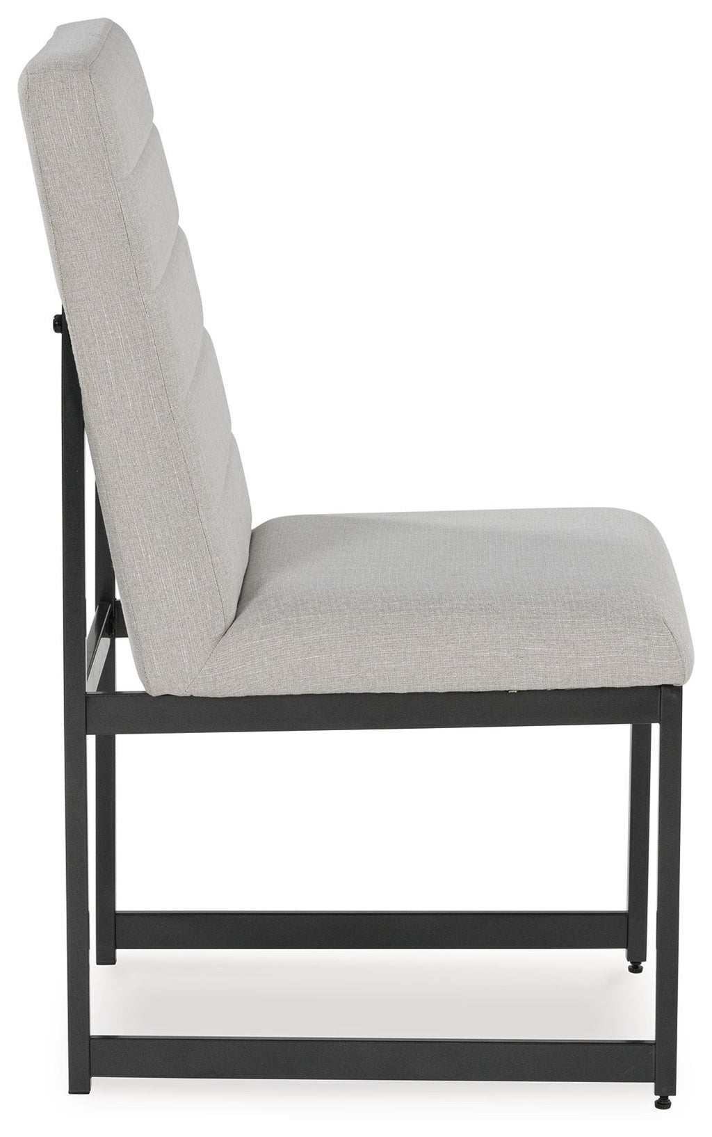 Upholstered dining side chair, angled view, padded backrest and dark frame