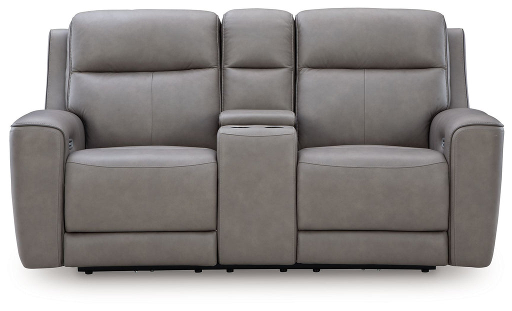 Gray power reclining loveseat with console and adjustable headrest, straight-on view