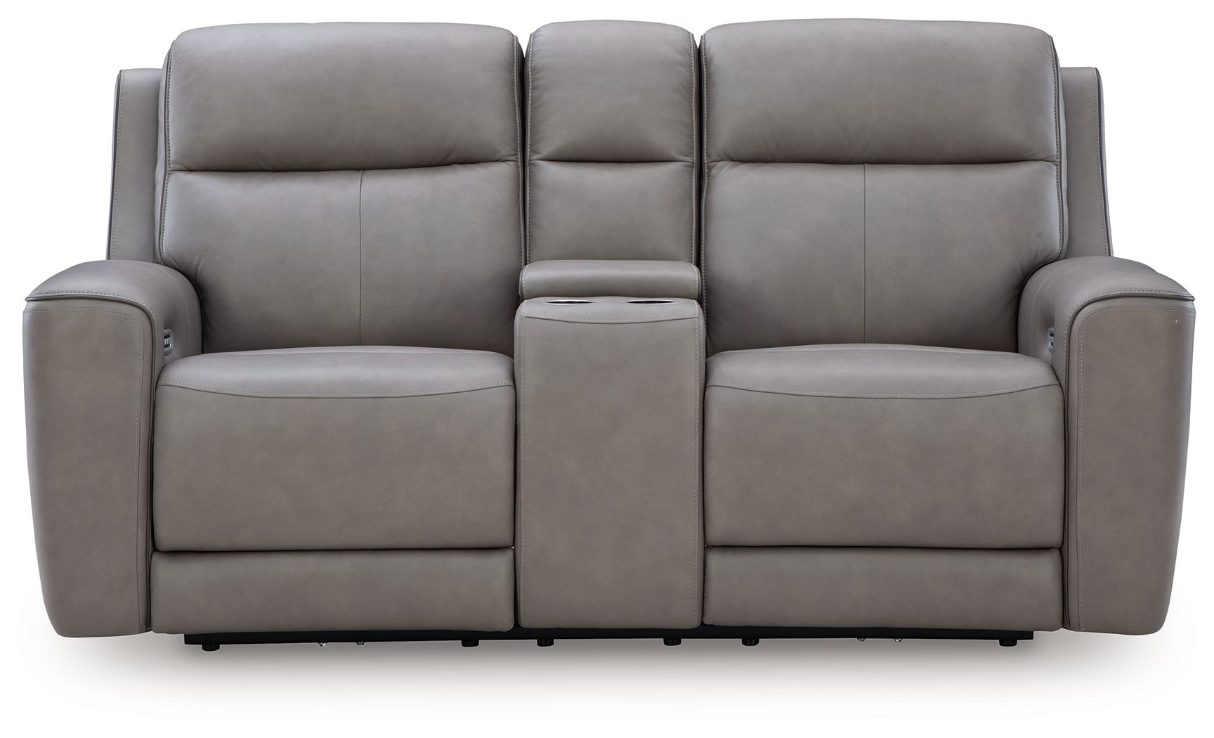 Gray power reclining loveseat with console and adjustable headrest, straight-on view