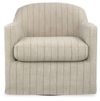 Cream swivel accent chair front view, rounded backrest and seat in vertical pinstripe fabric.