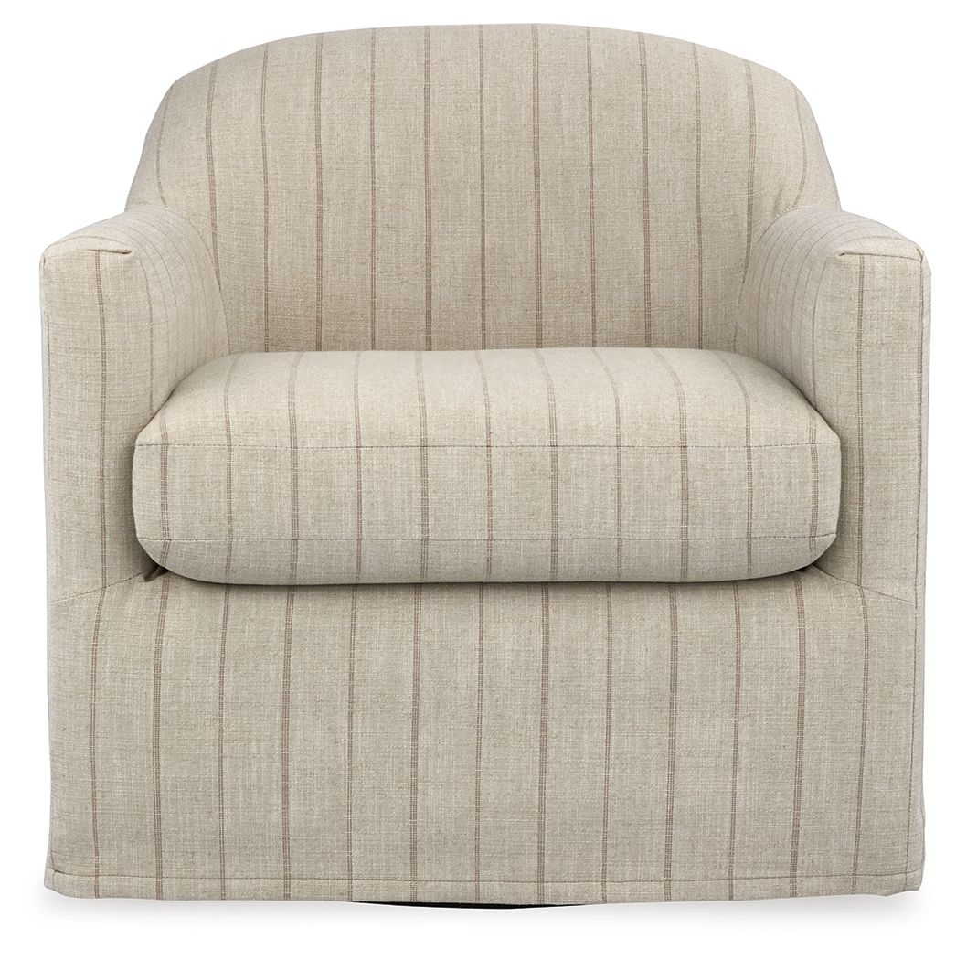 Cream swivel accent chair front view, rounded backrest and seat in vertical pinstripe fabric.