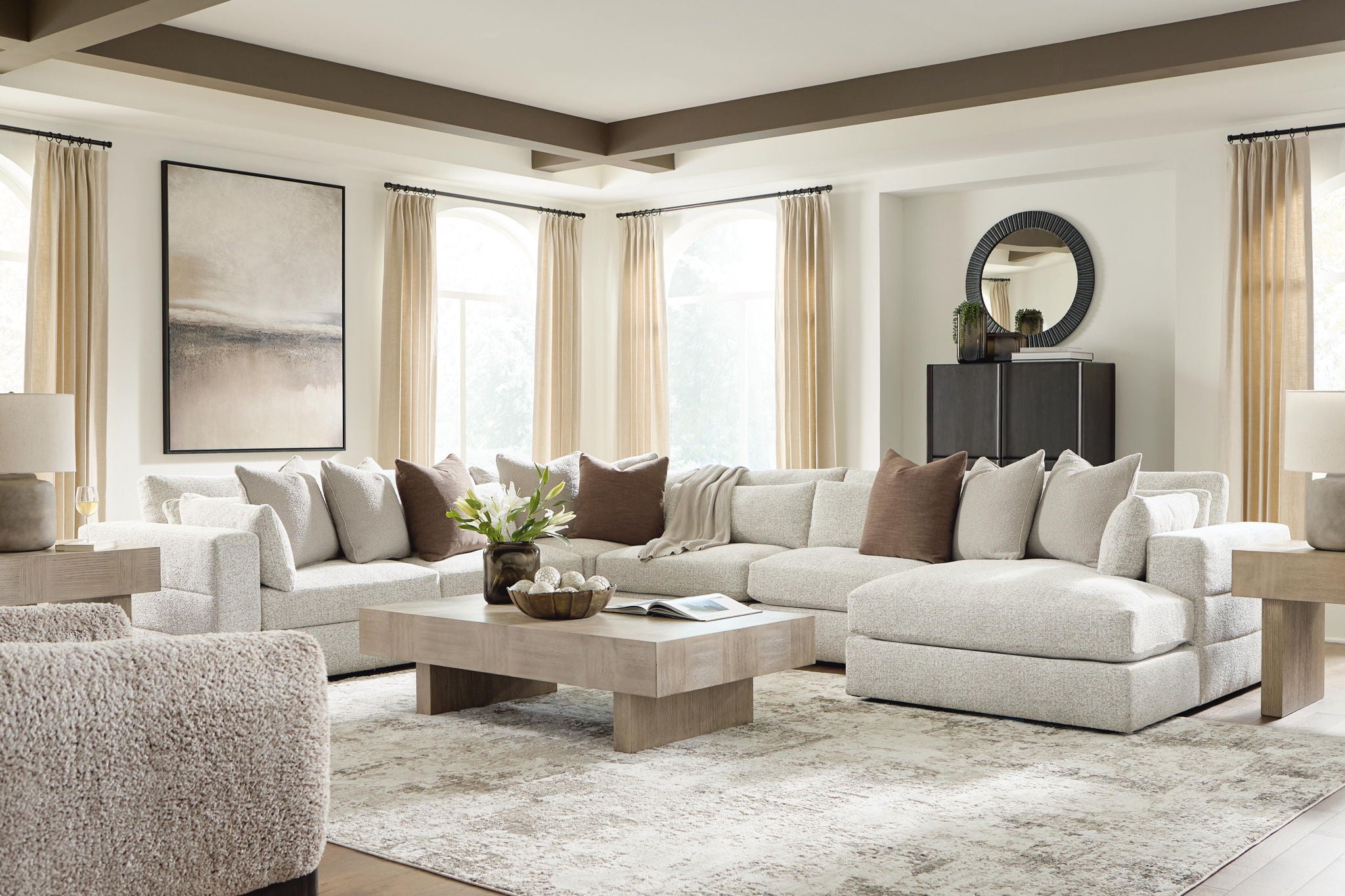 Beige corner sectional sofa with chaise lounge and seat cushions