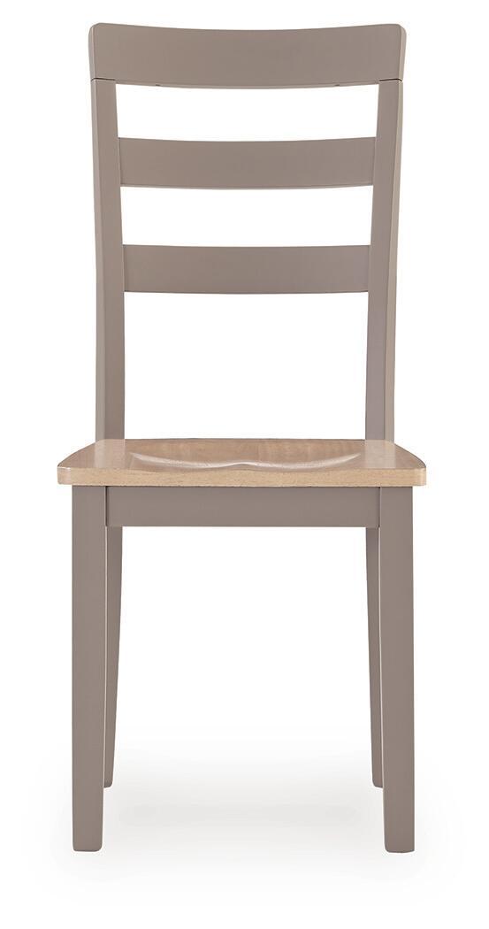 Dining room side chair with slatted back and light wood seat, gray frame