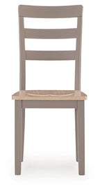 Dining room side chair with slatted back and light wood seat, gray frame