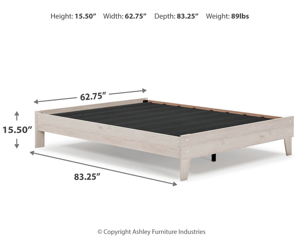 Light beige platform bed frame with black slat base and size arrows