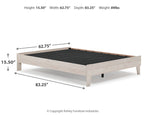 Light beige platform bed frame with black slat base and size arrows
