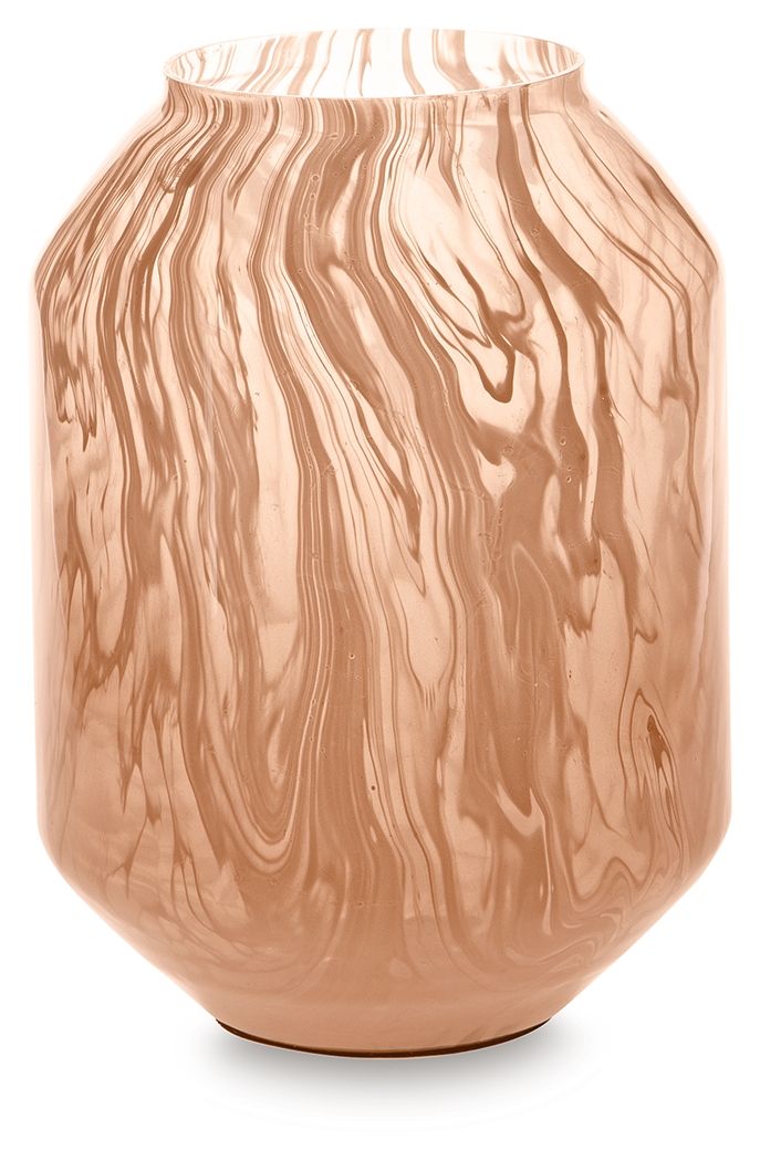 Dushby light brown vase with vertical swirl woodgrain pattern and wide rounded top