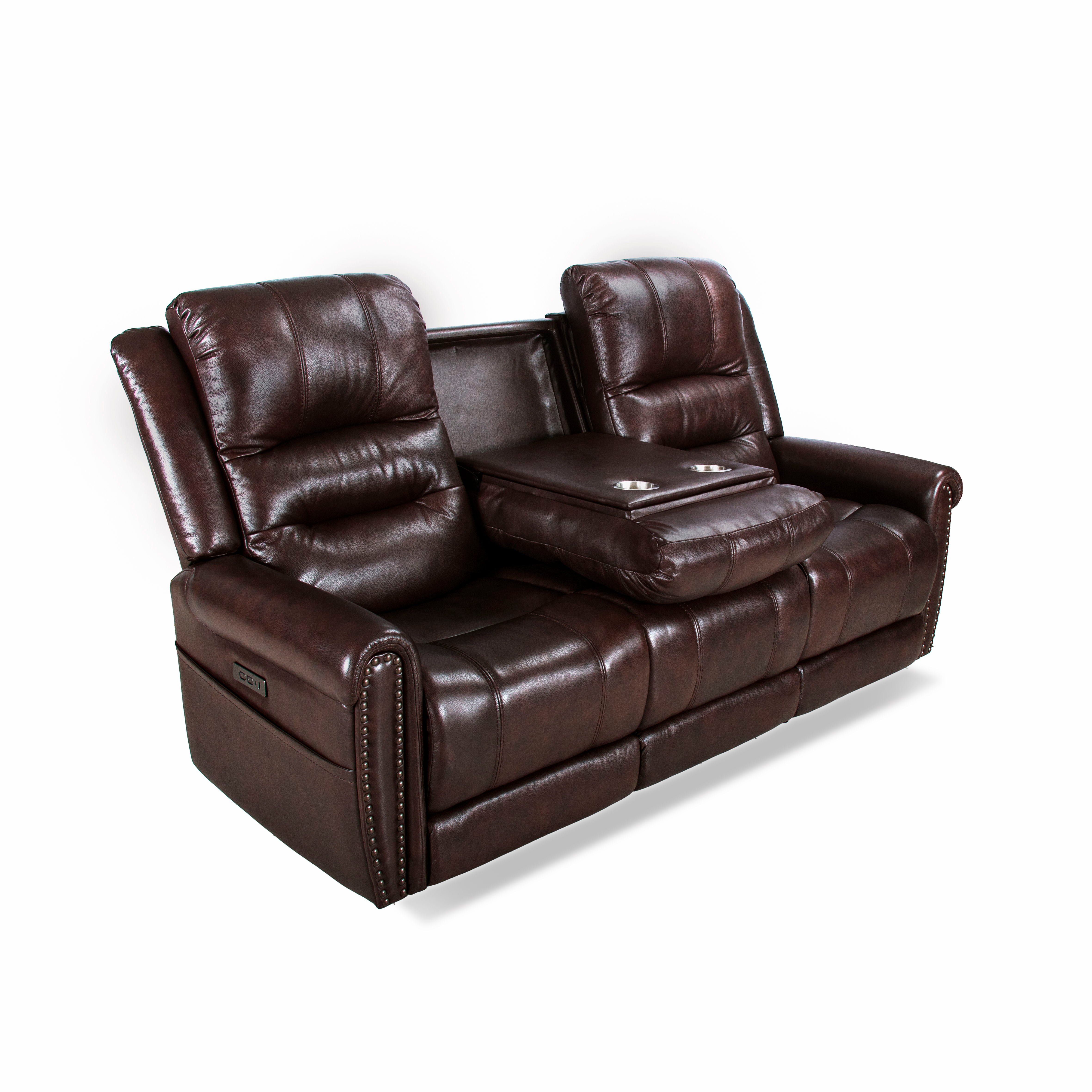 Espoo - Genuine Top Grain Leather Nailhead Dropdown Table And Adjustable Headrest Power Reclining Sofa In Brown