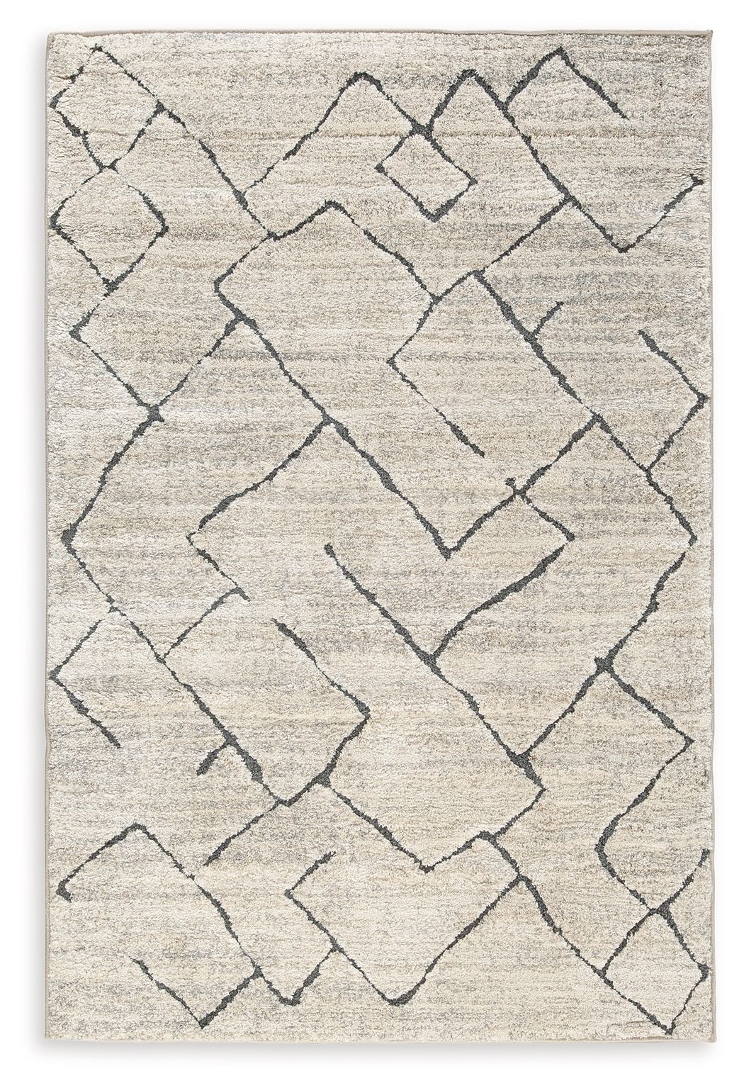 Light gray rug with dark navy geometric lattice pattern