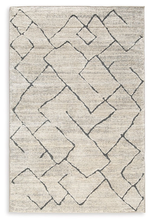 Light gray rug with dark navy geometric lattice pattern