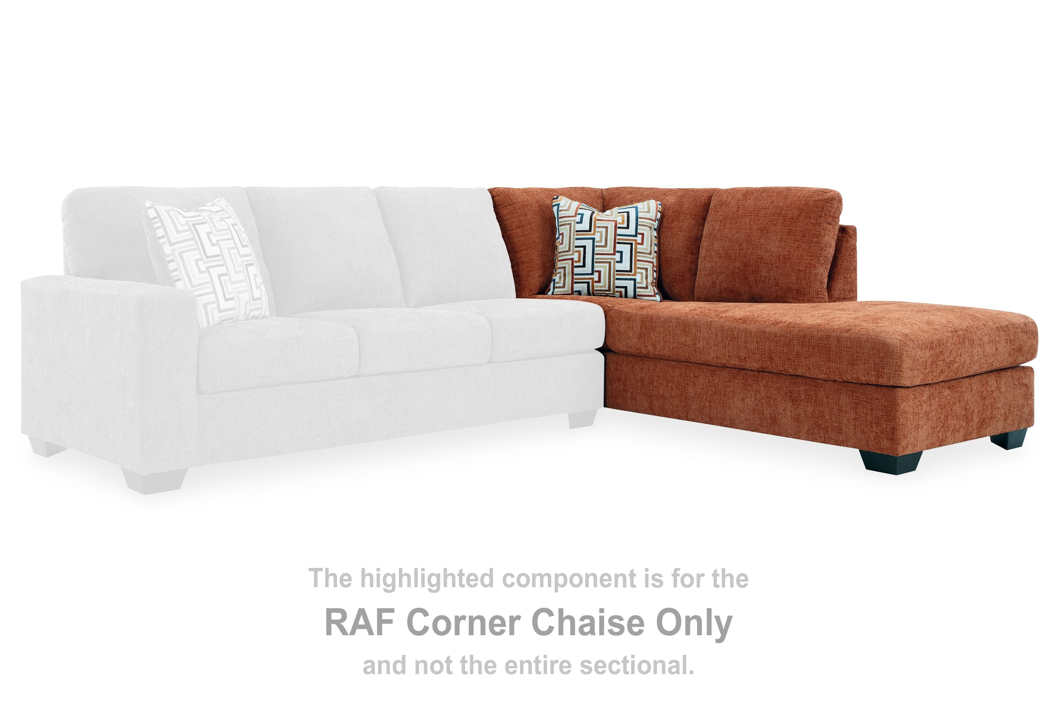 Spice RAF corner chaise highlighted in a sectional with light upholstered seating