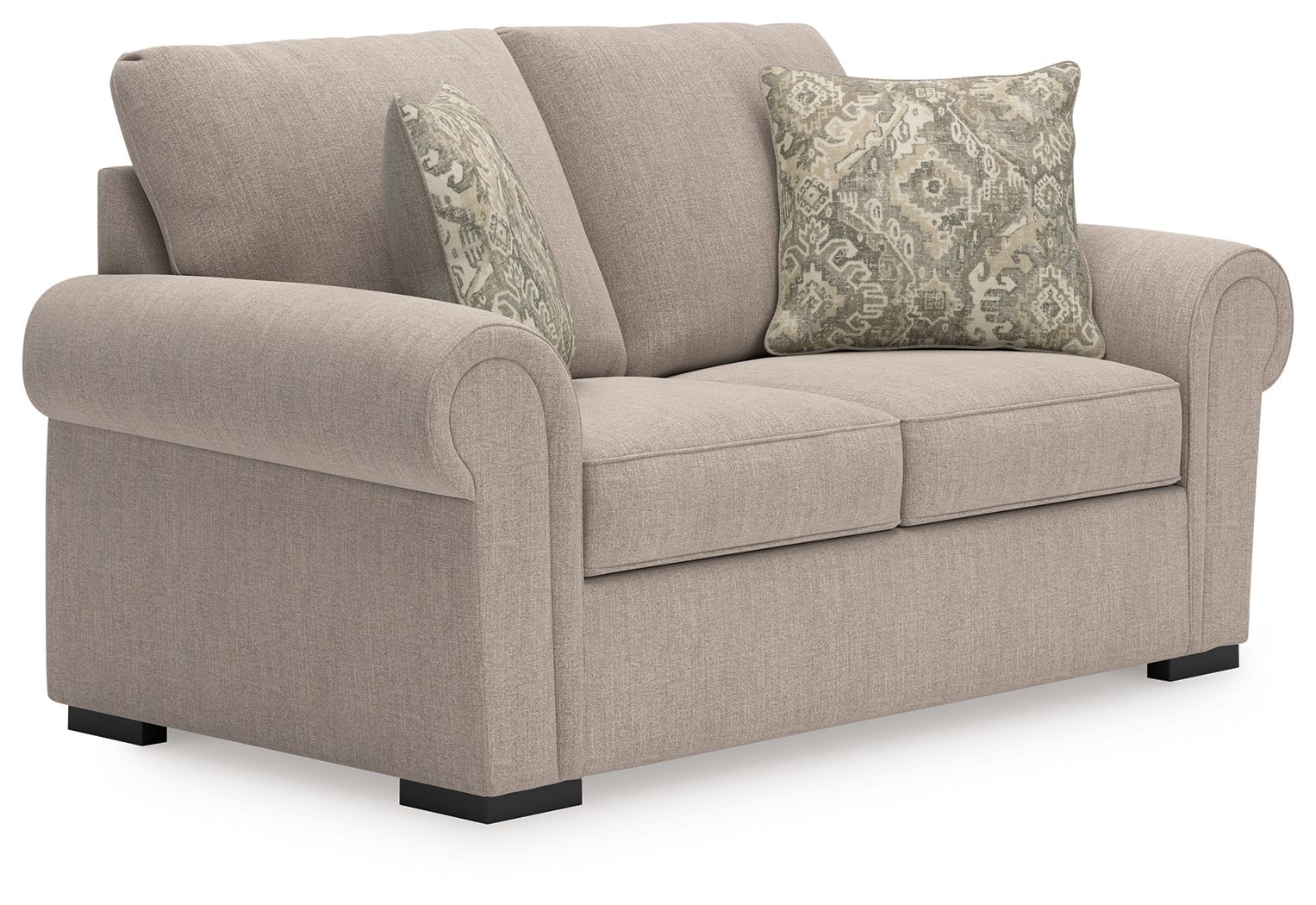Heather gray loveseat with rolled arms, two seat cushions, and patterned green accent pillows