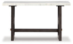 White marble sofa table with dark brown wood frame and open apron shelf