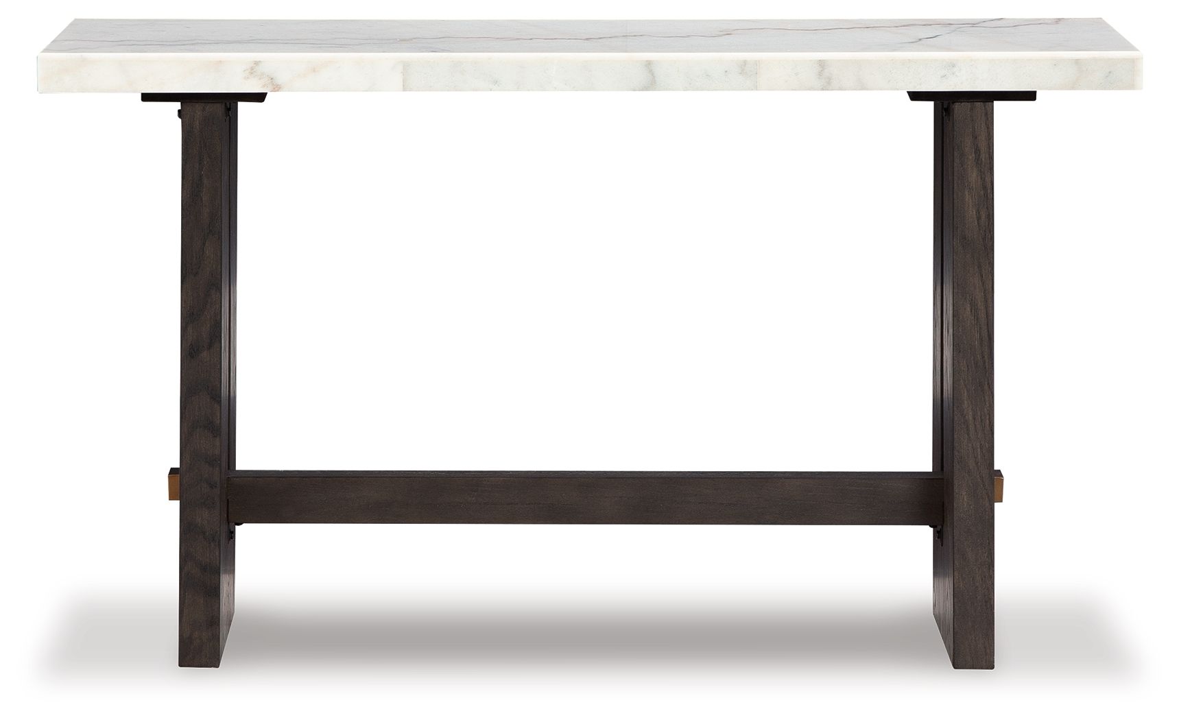 White marble sofa table with dark brown wood frame and open apron shelf