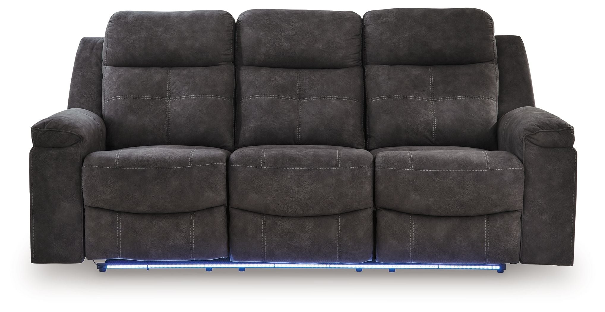 Charcoal reclining sofa with three seat pads and buttoned back cushions