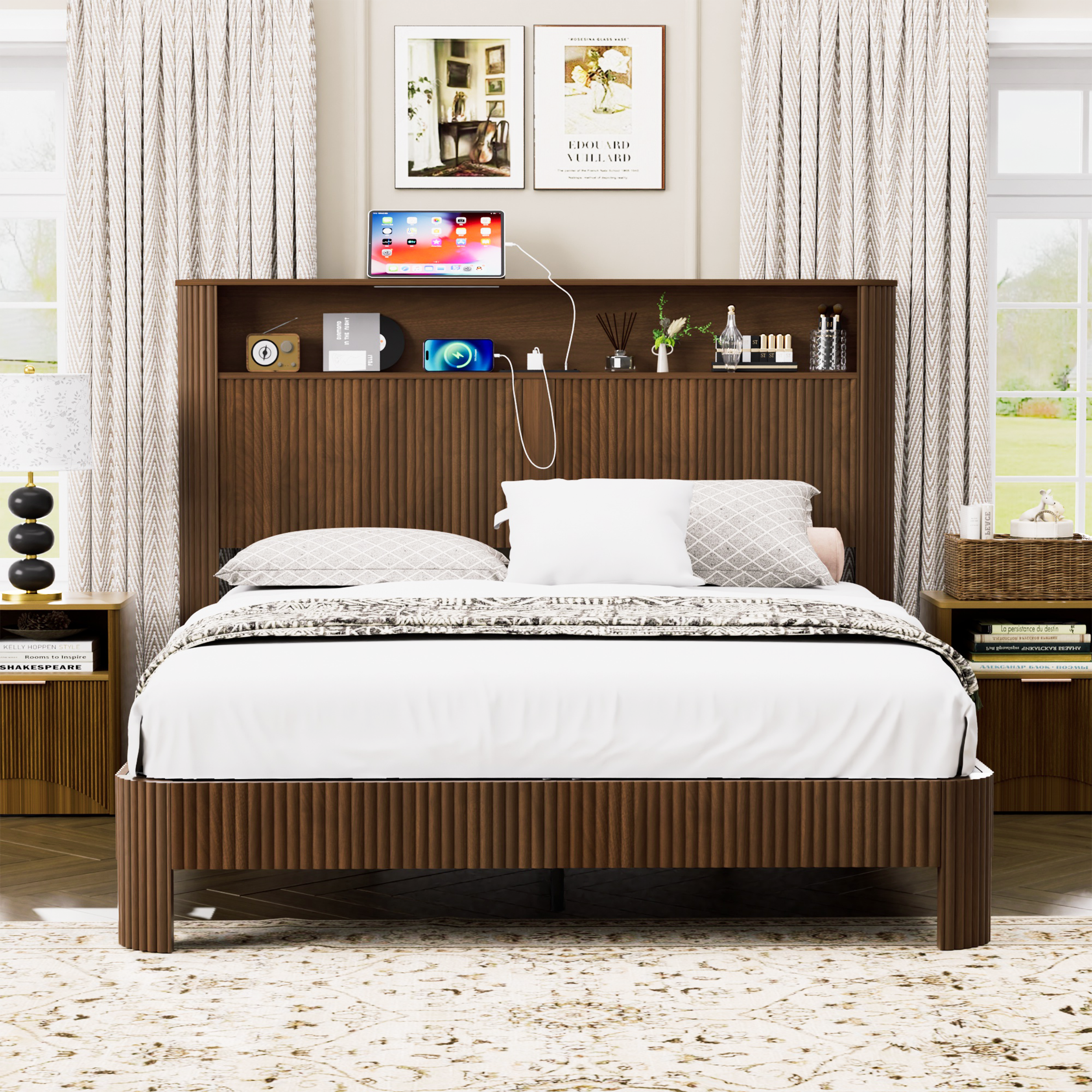 Walnut Queen Bed Frame, Storage Headboard, Charging Station, Silent