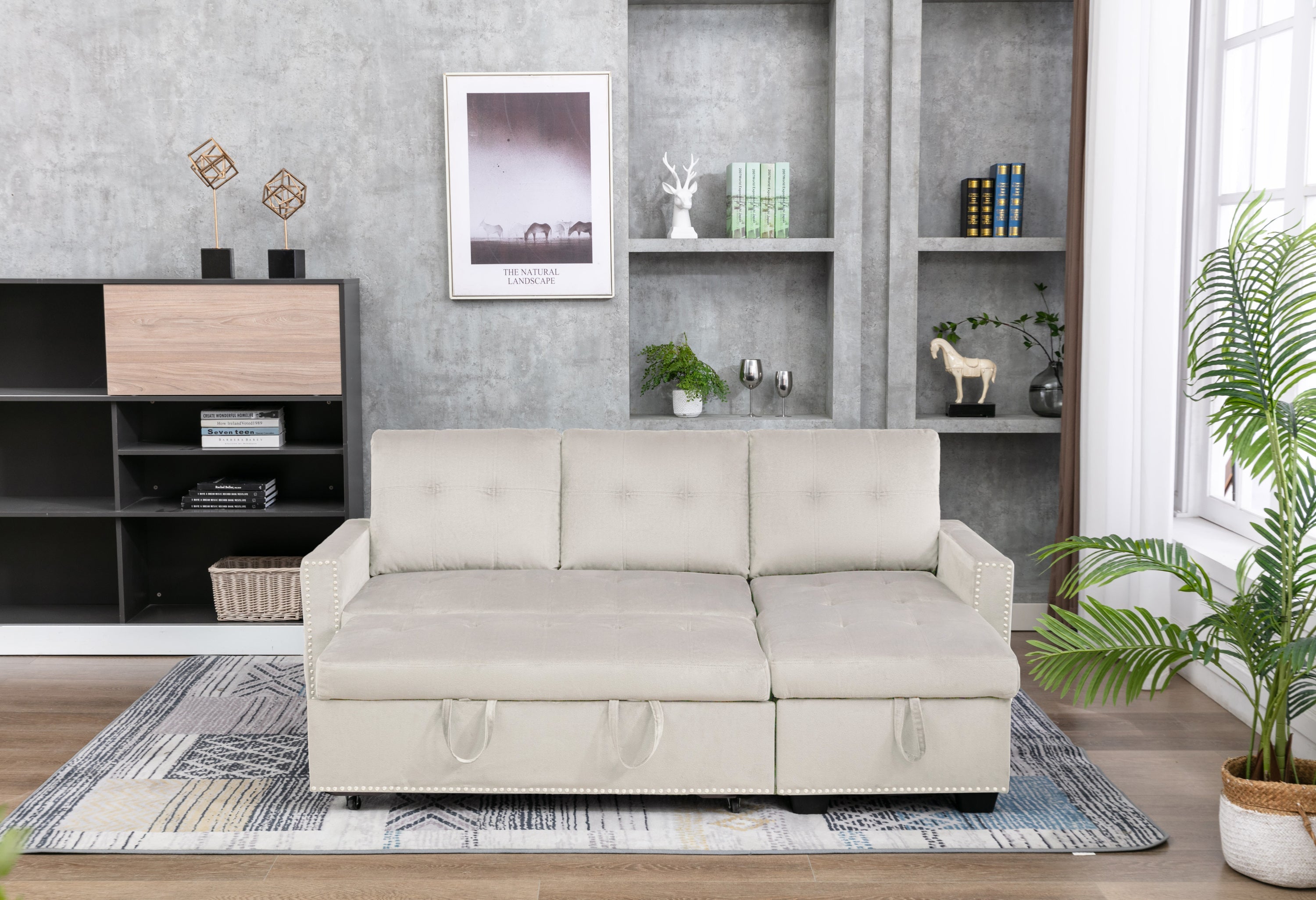 Beige 77" L Shape Sleeper Sofa - Storage Chaise-Sleeper Sectionals-American Furniture Outlet