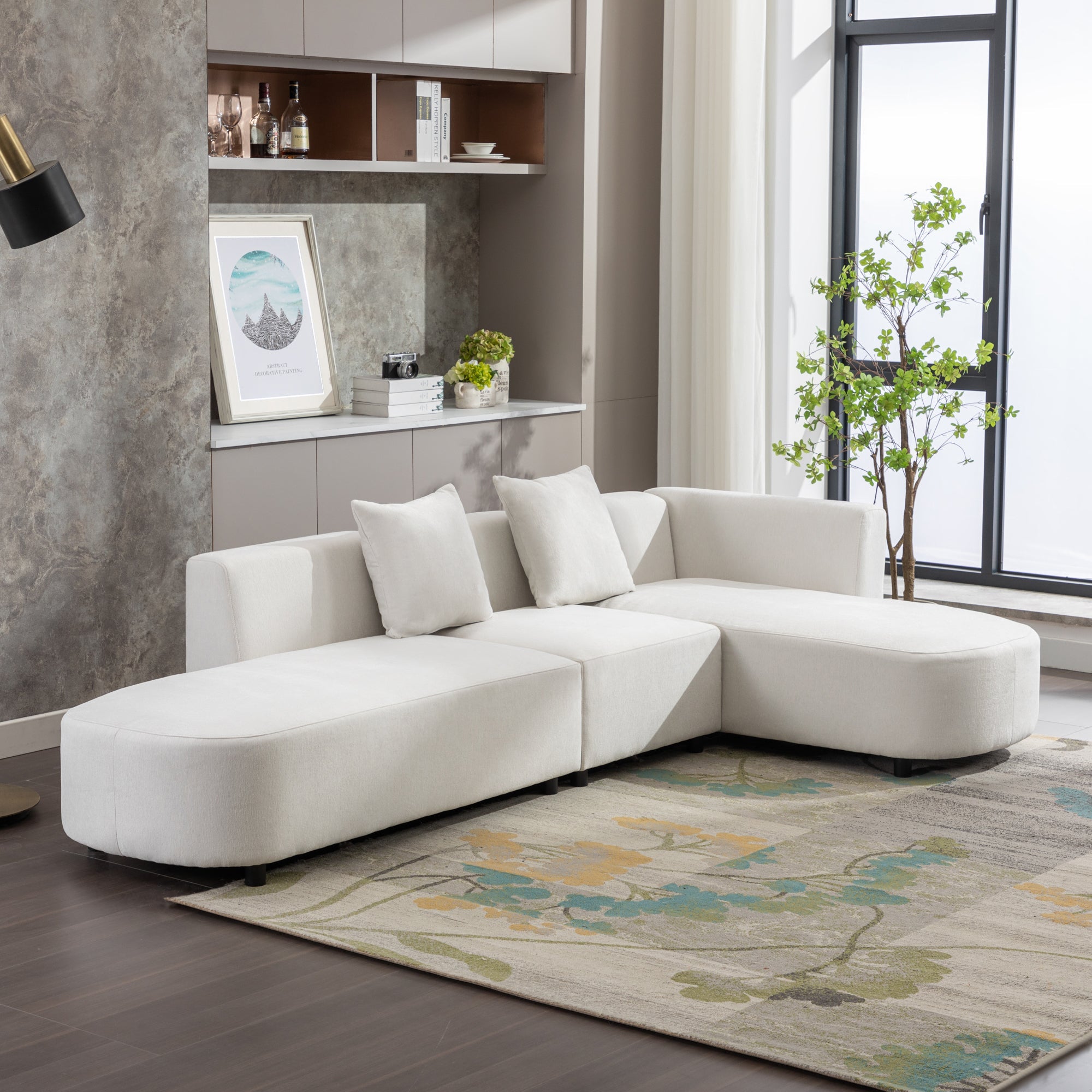 Beige Chenille L-Shaped Sectional Sofa | Luxury Modern Design-Stationary Sectionals-American Furniture Outlet
